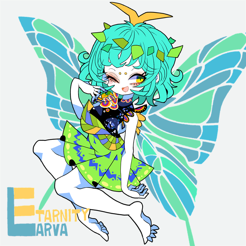1girl antennae aqua_hair barefoot butterfly_wings character_name dress eternity_larva eyeshadow fairy green_dress insect_wings leaf leaf_on_head makeup medium_hair multicolored_dress one_eye_closed open_mouth smile solo touhou wings yellow_eyes yt_(wai-tei)