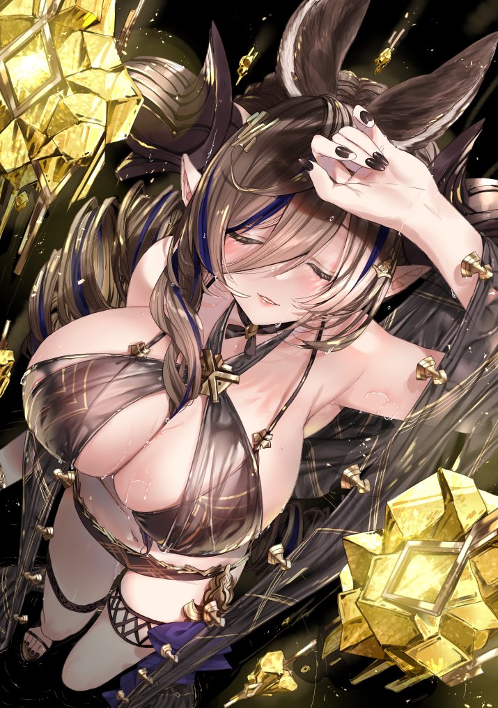 1girl 218 animal_ears asymmetrical_hair between_breasts breasts brown_hair brown_horns choker closed_eyes collarbone extra_ears from_above galleon_(granblue_fantasy) granblue_fantasy horns large_breasts long_hair looking_up multicolored_hair pointy_ears ribbon_choker solo staff streaked_hair swimsuit thigh_strap