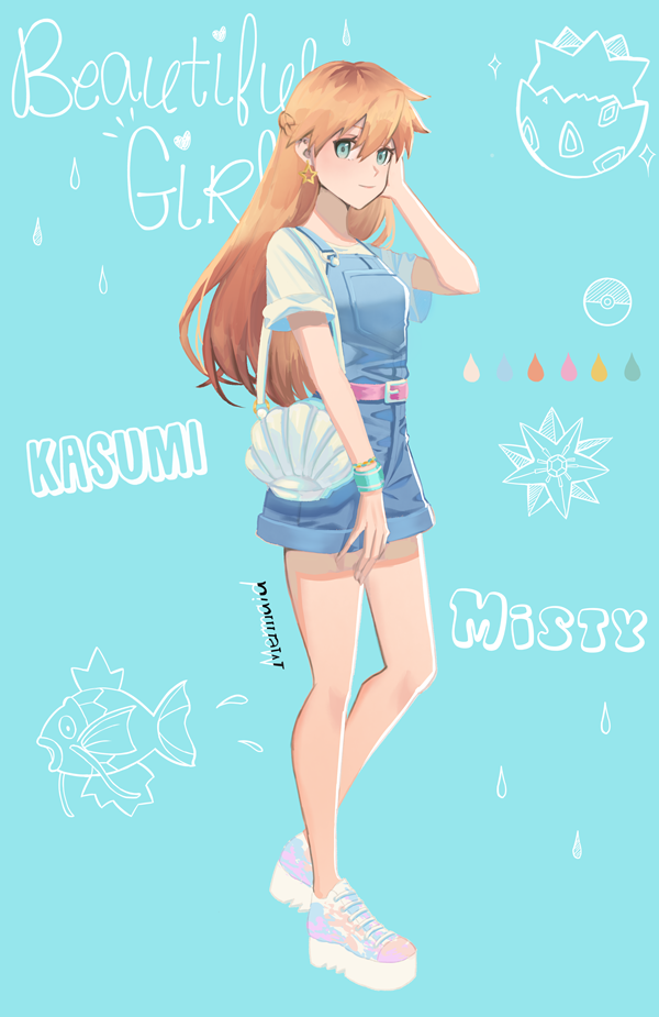 1girl ak1 aqua_eyes belt belt_buckle blue_background blue_overalls blue_shorts braid brown_hair buckle character_name closed_mouth earrings english_text french_braid full_body gen_1_pokemon gen_2_pokemon hair_between_eyes hand_in_own_hair jewelry long_hair magikarp misty_(pokemon) nintendo overall_shorts overalls pink_belt poke_ball_symbol pokemon pokemon_(creature) pokemon_rgby short_shorts short_sleeves shorts smile solo sparkle standing star_(symbol) star_earrings starmie togepi very_long_hair wristband