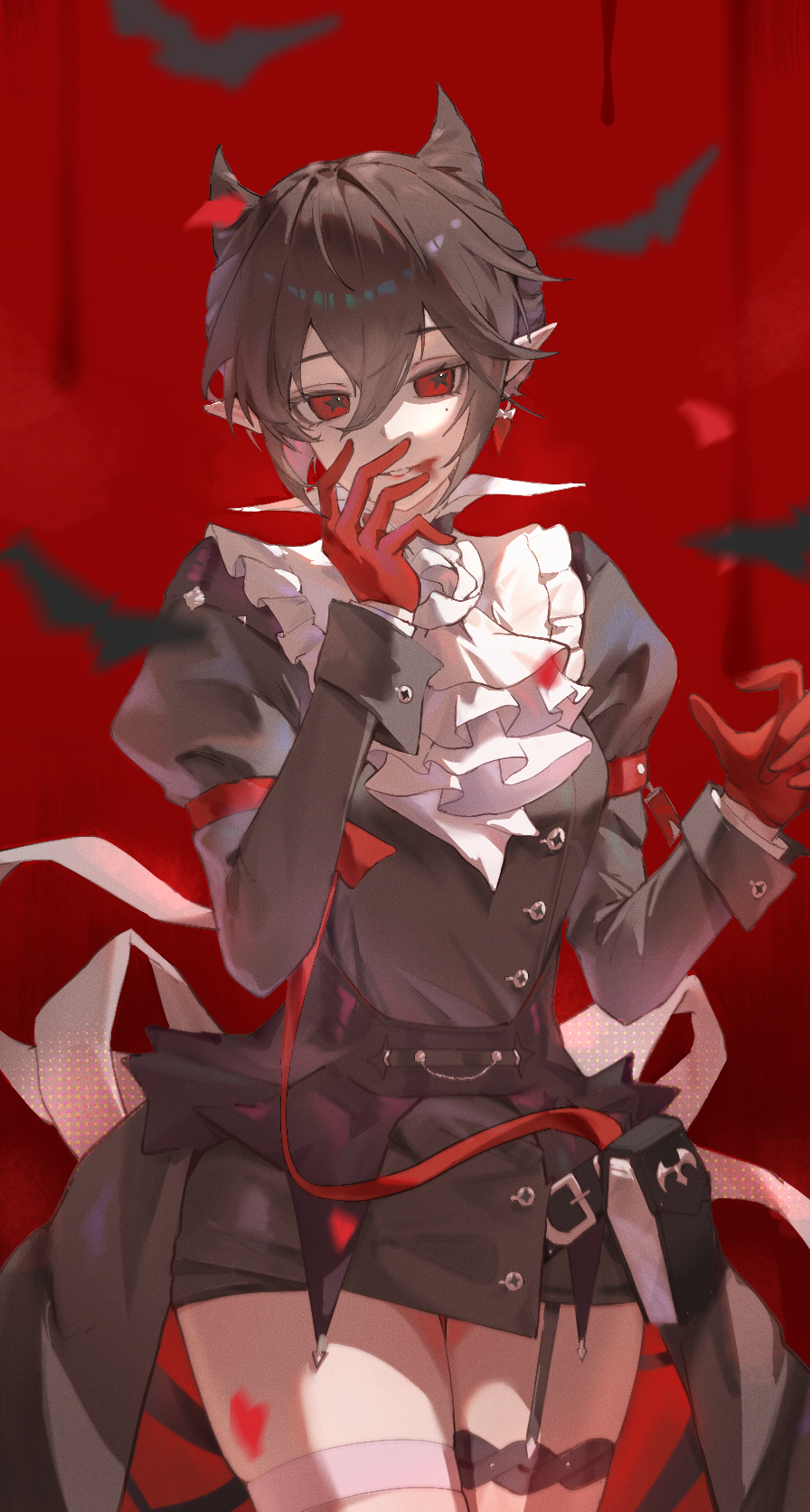 1girl arknights ascot bat_(animal) black_dress black_hair blood blood_on_face cowboy_shot dress drone_(drone_37) earrings entelechia_(arknights) gloves hair_between_eyes hair_horns hand_on_own_face highres jewelry juliet_sleeves long_sleeves looking_at_viewer mole mole_under_eye parted_lips pointy_ears puffy_sleeves red_background red_eyes red_gloves short_hair smile solo star-shaped_pupils star_(symbol) symbol-shaped_pupils thigh_strap white_ascot