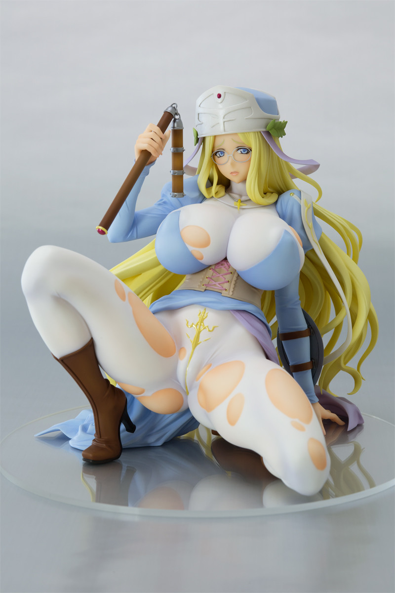1girl blonde_hair blue_eyes breasts figure glasses highres huge_breasts inoue_takuya jewelry long_hair looking_at_viewer melpha necklace photo_(medium) queen&#039;s_blade simple_background solo torn_clothes torn_legwear weapon