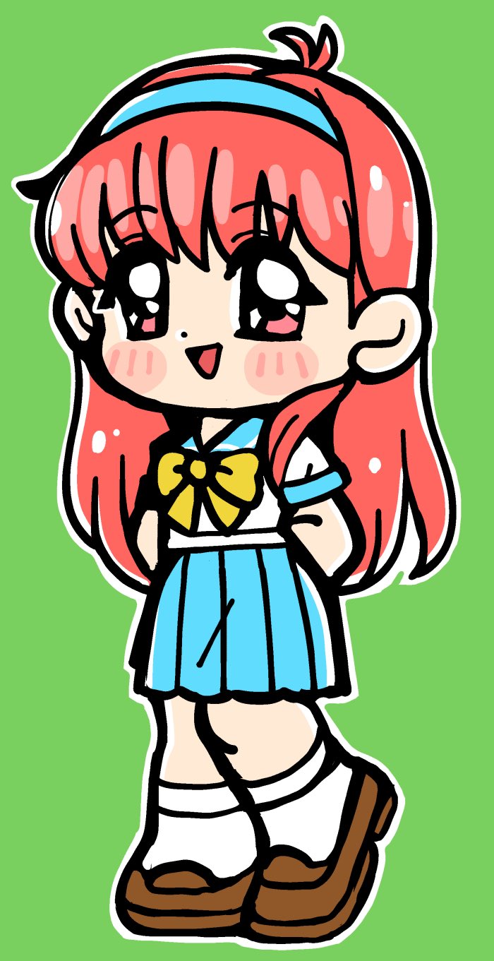1girl arms_behind_back bkub blue_hairband blue_sailor_collar blue_skirt blush_stickers bow brown_shoes deformed dot_nose fujisaki_shiori full_body green_background hairband highres kirameki_high_school_uniform loafers long_hair looking_at_viewer open_mouth outline pleated_skirt red_eyes red_hair sailor_collar school_uniform serafuku shirt shoes short_sleeves simple_background skirt smile socks solo standing tokimeki_memorial tokimeki_memorial_1 white_outline white_shirt white_socks yellow_bow