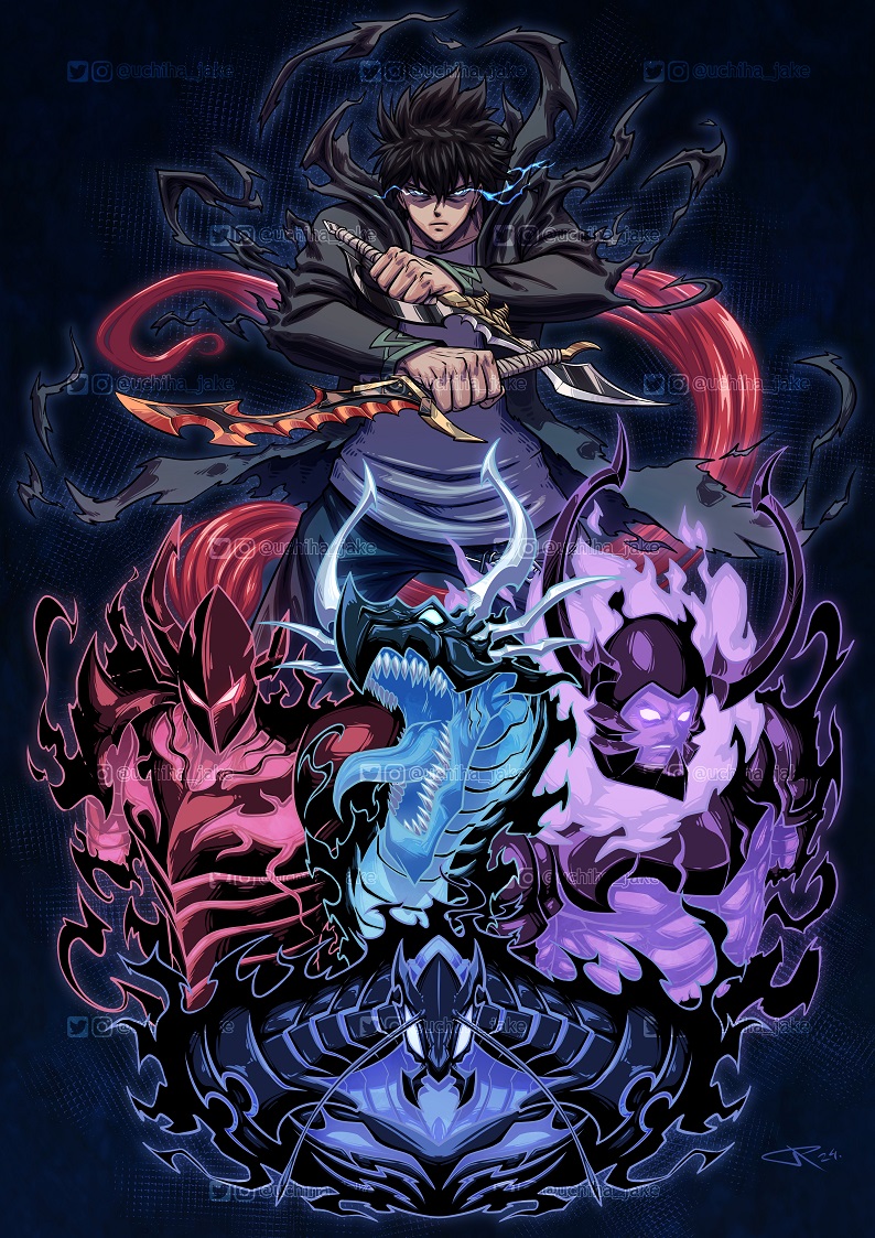 1boy 4others armor aura beru_(solo_leveling) black_coat black_hair black_pants coat dagger dark_aura dragon dual_wielding full_armor glowing glowing_eyes holding holding_dagger holding_knife holding_weapon horns igris_(solo_leveling) iron_(solo_leveling) kaisel_(solo_leveling) knife knight long_sleeves multiple_others open_mouth pants plume reverse_grip shirt short_hair solo_leveling sung_jin-woo uchiha_jake weapon