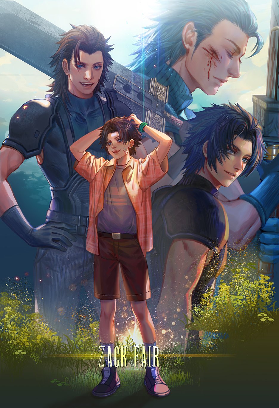 4boys aged_down armor belt black_hair blood blood_on_face blue_eyes blue_pants blue_shirt closed_eyes crisis_core_final_fantasy_vii facial_scar fan_yang_(jiuge) final_fantasy final_fantasy_vii final_fantasy_vii_remake full_body gloves hair_slicked_back hand_on_own_hip highres holding holding_sword holding_weapon multiple_boys muscular muscular_male open_clothes open_mouth open_shirt over_shoulder pants parted_bangs plaid_clothes plaid_shirt plant scar scar_on_cheek scar_on_face shirt shorts shoulder_armor sleeveless sleeveless_turtleneck smile square_enix suspenders sword teeth turtleneck upper_body upper_teeth_only weapon weapon_over_shoulder zack_fair