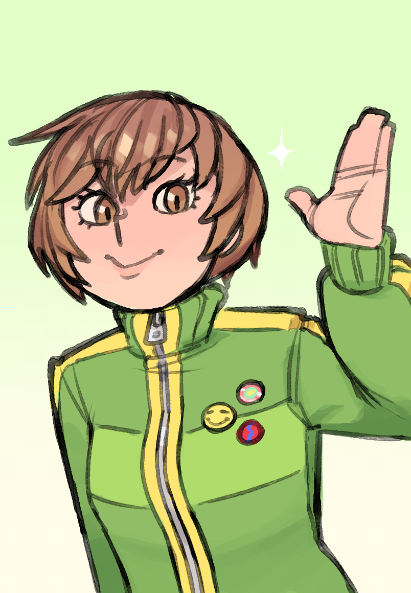 1girl bob_cut brown_eyes brown_hair green_jacket hand_up jacket karu_184 long_sleeves looking_at_viewer persona persona_4 satonaka_chie short_hair smile solo track_jacket upper_body waving