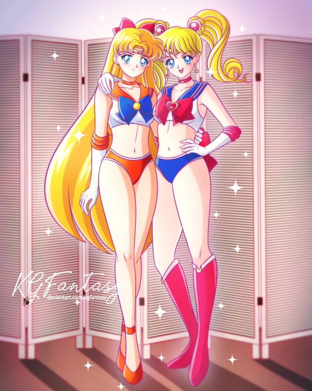 2girls aino_minako back_bow bikini bishoujo_senshi_sailor_moon blonde_hair blue_eyes blue_sailor_collar boots bow breasts cherami_leigh choker closed_mouth collarbone cosplay crescent crescent_choker crescent_earrings double_bun earrings embarrassed fucami_rika full_body gloves hair_bow hair_bun hair_down hair_ornament hand_on_another&#039;s_shoulder hand_on_own_hip highres itou_shizuka jewelry kgfantasy knee_boots long_hair looking_at_viewer magical_girl mitsuishi_kotono multiple_girls open_mouth orange_choker orange_footwear orange_sailor_collar red_bow red_choker red_footwear sailor_collar sailor_moon sailor_moon_(cosplay) sailor_venus sailor_venus_(cosplay) shoes smile standing stephanie_sheh stud_earrings swimsuit tiara tsukino_usagi twintails very_long_hair voice_actor_connection white_gloves