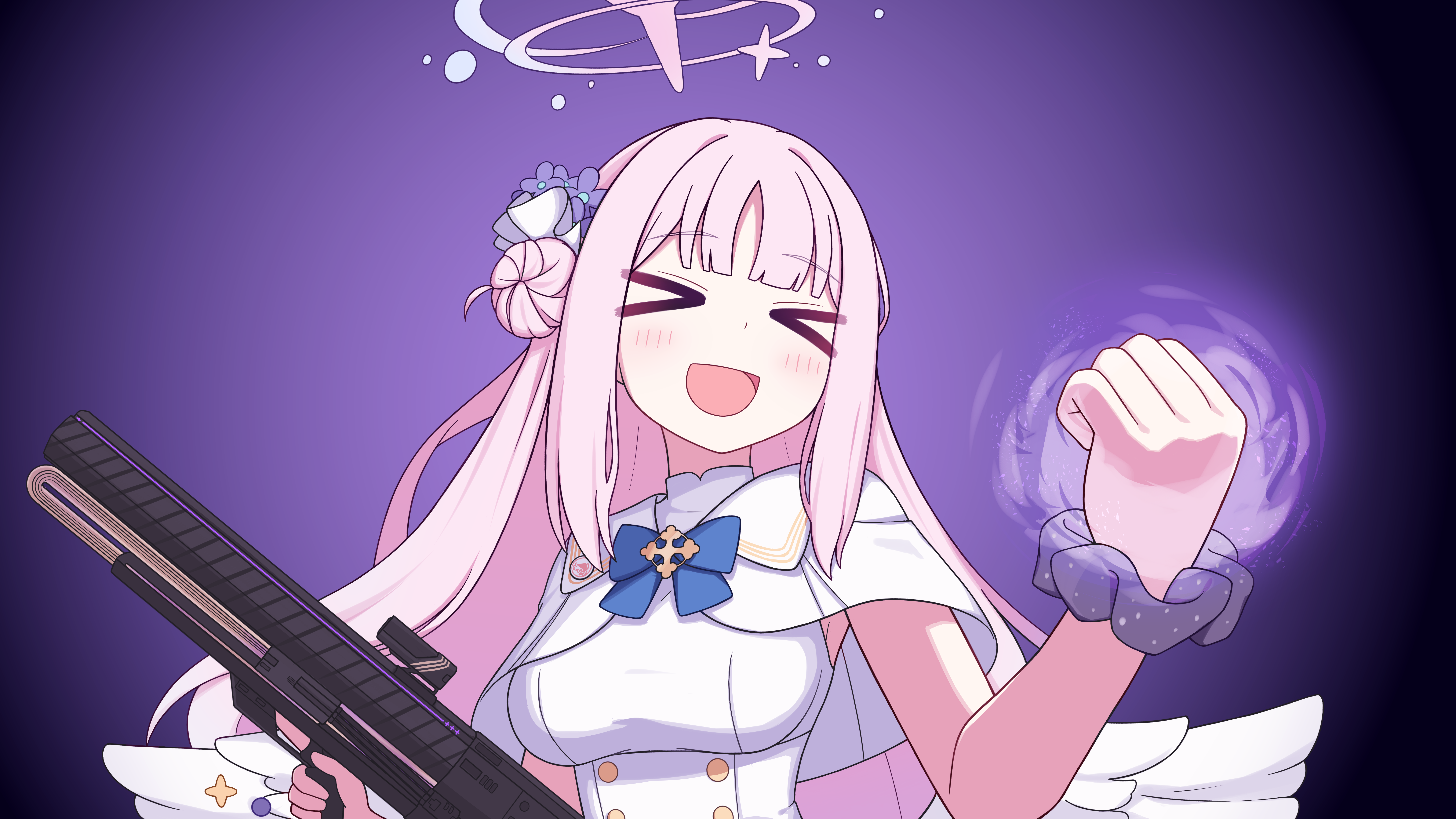 >_< 1girl :d absurdres angel_wings aura blue_archive blunt_bangs bow breasts buttons capelet clenched_hand commentary_request dress feathered_wings flower gun hair_bun hair_flower hair_ornament halo highres holding holding_gun holding_weapon lanchester_smg large_breasts long_hair low_wings mika_(blue_archive) open_mouth pink_hair pink_halo purple_background rifle school_uniform serafuku single_side_bun smile solo standing submachine_gun weapon white_capelet white_dress white_serafuku white_wings wings xd yellow_eyes zddma20