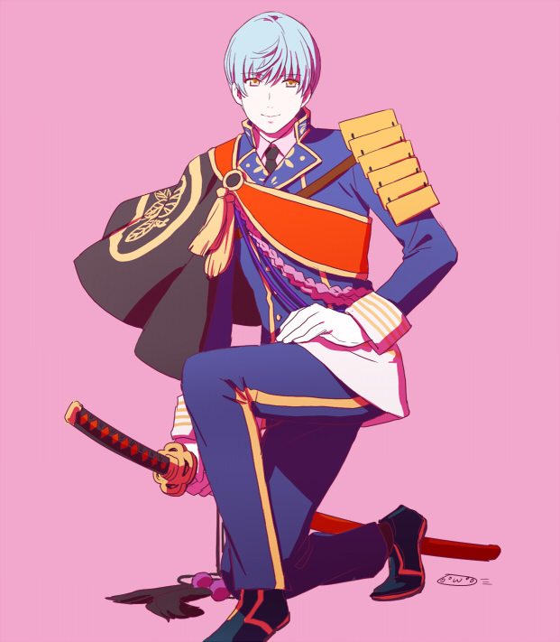 10s 1boy armor black_necktie blue_hair buttons double-breasted gloves ichigo_hitofuri japanese_armor katana light_smile looking_at_viewer male_focus military military_uniform mizuhara_aki necktie on_one_knee pink_background sheath sheathed short_hair shoulder_armor simple_background sode solo sword touken_ranbu weapon white_gloves yellow_eyes