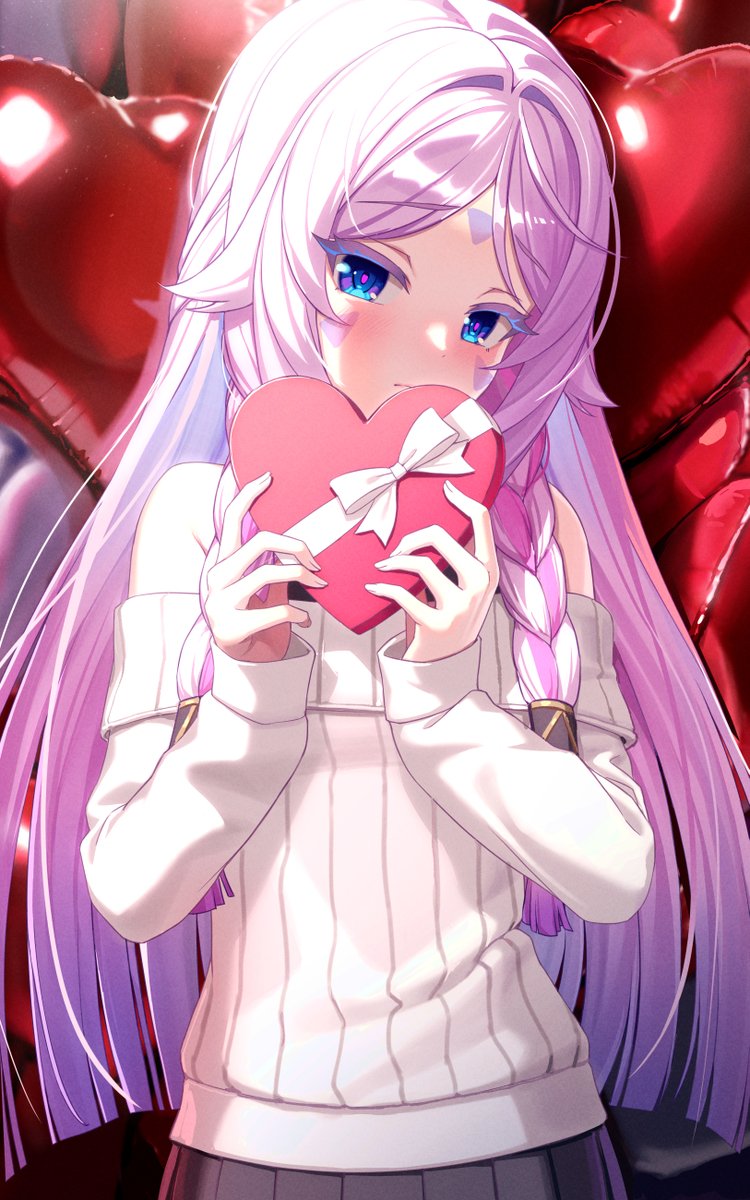 1girl alternate_costume balloon bare_shoulders blue_eyes blush box citlali_(genshin_impact) closed_mouth commentary_request facial_mark forehead_mark genshin_impact gift gift_box hands_up heart-shaped_box heart_balloon highres holding holding_box kapa_draws korea korean_commentary long_hair long_sleeves looking_at_viewer multicolored_hair off-shoulder_sweater off_shoulder pink_hair pink_pupils purple_hair solo sweater triangle triangle_facial_mark valentine very_long_hair white_sweater