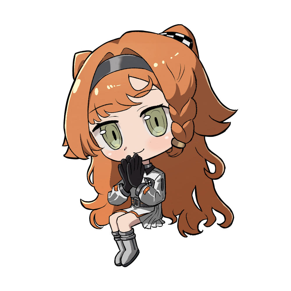 1girl asymmetrical_sidelocks black_gloves braided_sidelock chibi closed_mouth full_body gloves green_eyes grey_footwear grey_hairband hairband hands_up invisible_chair jacket long_hair looking_at_viewer miniskirt orange_hair own_hands_together palms_together pleated_skirt reverse:1999 shirt sitting skirt smile solo sonetto_(reverse:1999) thiepriest transparent_background two_side_up very_long_hair white_jacket white_shirt