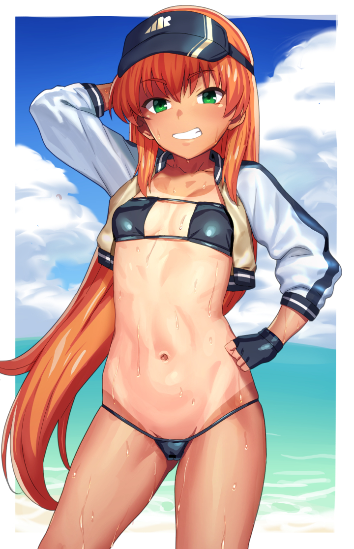 1girl abs akai_homura artworks/73478826 bikini breasts eyepatch_bikini hand_on_own_hip long_hair model_pose navel one-piece_tan outdoors small_breasts solo strapless swimsuit tan tanline tenchisouha tokimeki_memorial tokimeki_memorial_2 tube_top visor_cap wet