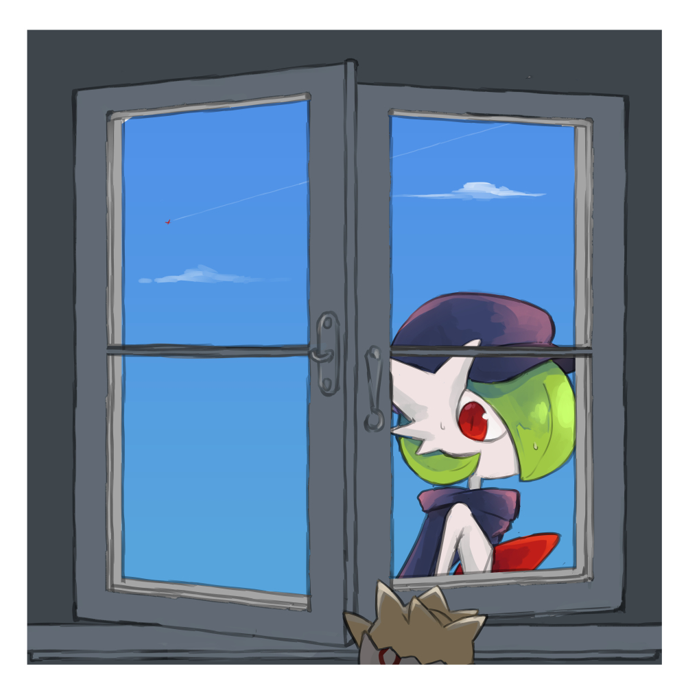 black_cloak black_hat blue_sky cloak cloud colored_skin dmt_(auburn) gardevoir gen_2_pokemon gen_3_pokemon hair_over_one_eye hat mega_gardevoir mega_pokemon nintendo pokemon pokemon_(creature) red_eyes sky togepi white_skin window