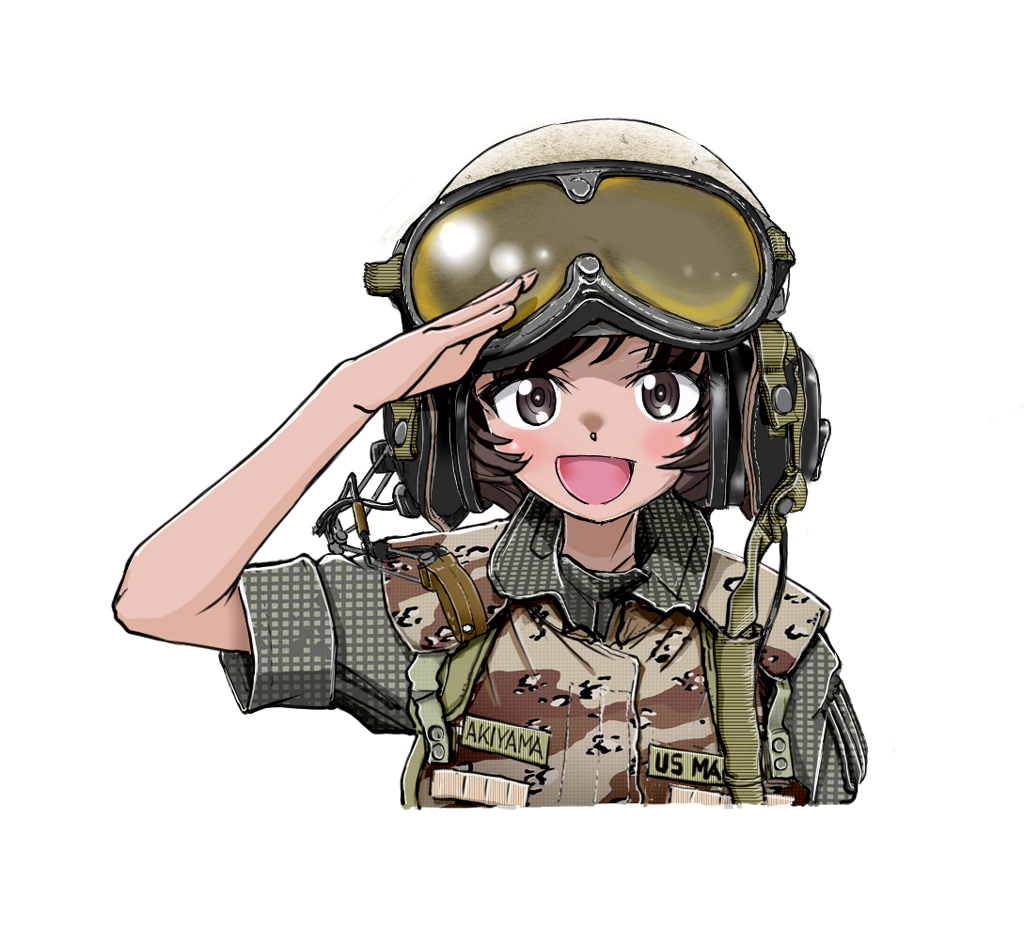 1girl :d akiyama_yukari brown_eyes brown_hair brown_vest collar combat_helmet girls_und_panzer goggles goggles_on_headwear helmet messy_hair military military_combat_uniform military_uniform nakamura_3sou open_mouth salute short_hair short_sleeves smile solo swept_bangs united_states_marine_corps vest white_background