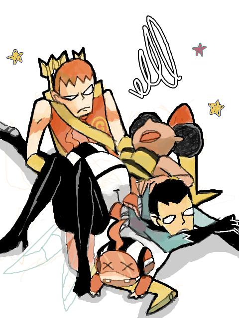 1girl 4boys annoyed aqua_lad arrow_(projectile) black_hair black_pants bodysuit boots bow_(weapon) bumble_bee cartoon_network dark_skin dc_comics dog_pile domino_mask double_bun garth gloves goggles hair_bun karen_beecher lying mas_(dc) mask menos_(dc) multiple_boys on_back orange_hair pants quiver roy_harper shirt sleeveless speedy striped_clothes striped_shirt teen_titans weapon wings
