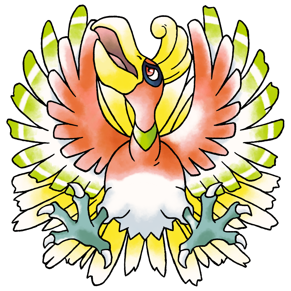 bird derivative_work full_body gen_2_pokemon green_wings ho-oh large_tail legendary_pokemon looking_to_the_side multicolored_wings nintendo no_humans official_style open_mouth pokemon pokemon_(creature) pokemon_focus pokemon_gsc_(prototype) prototype_design raciebeep red_eyes red_wings simple_background solo straight-on striped_wings sugimori_ken_(style) symmetry tachi-e tail talons transparent_background v-shaped_eyes watercolor_effect white_wings wings yellow_tail