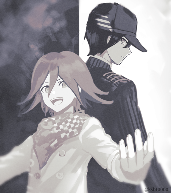 2boys :d back-to-back bad_id bad_pixiv_id buttons checkered_clothes checkered_scarf closed_mouth danganronpa_(series) danganronpa_v3:_killing_harmony hair_between_eyes hajime_(gitoriokawaii) hat jacket long_sleeves looking_at_viewer male_focus monochrome multiple_boys oma_kokichi open_mouth saihara_shuichi scarf short_hair smile teeth twitter_username upper_body