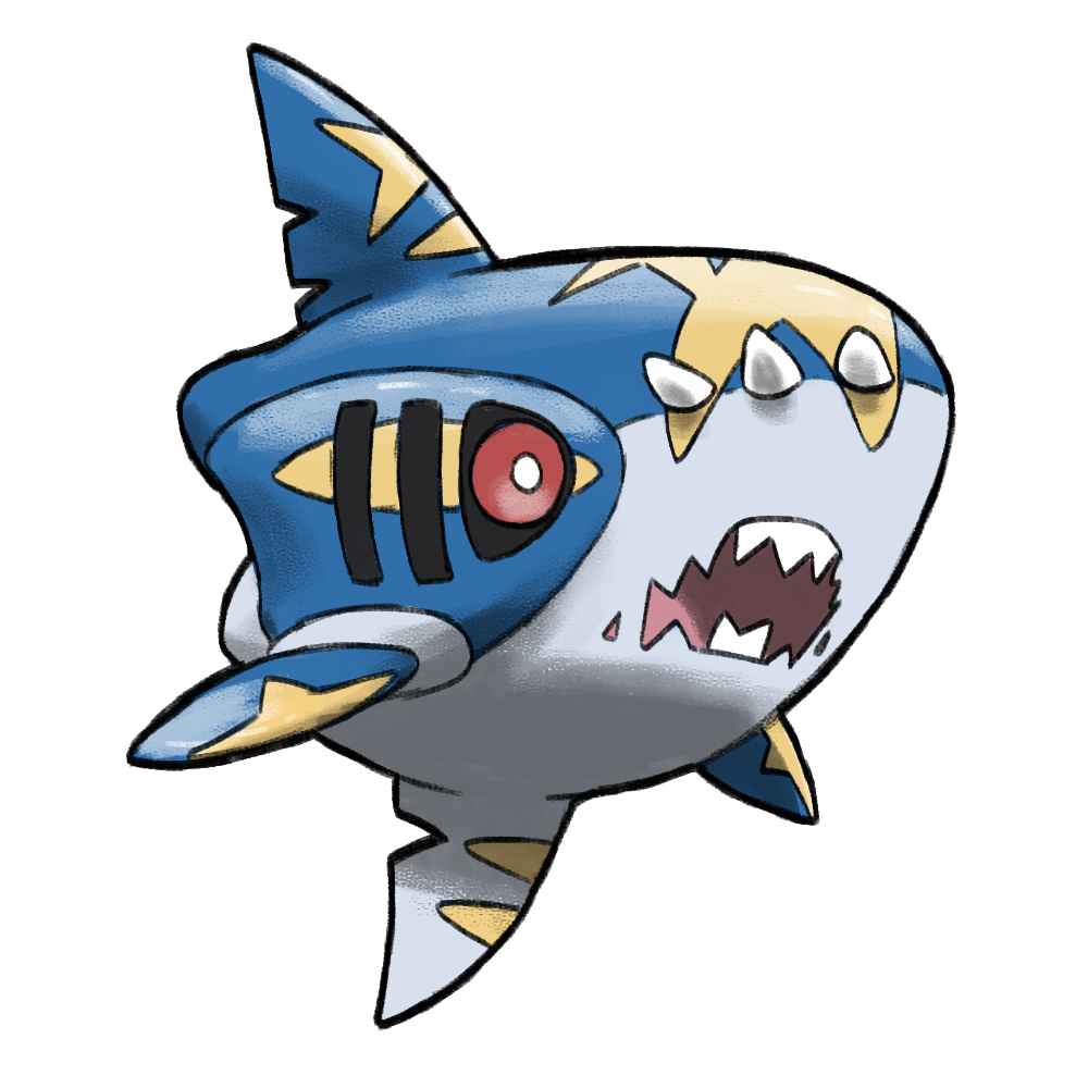 animal_focus black_sclera blacknirrow chibi colored_sclera full_body gen_3_pokemon mega_pokemon mega_sharpedo nintendo no_humans open_mouth pokemon pokemon_(creature) pokemon_focus red_eyes sharp_teeth sharpedo simple_background solo teeth white_background
