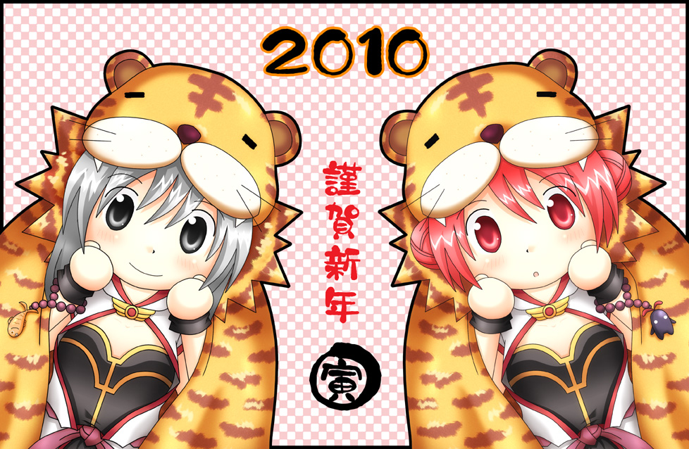 2010 2girls animal_costume animal_print black_shirt blush chinese_zodiac closed_mouth coat commentary_request double_bun grey_eyes grey_hair hair_bun looking_at_viewer medium_hair meruya_(catcan) monk_(ragnarok_online) multiple_girls open_clothes open_coat open_mouth pink_hair ragnarok_online red_eyes shirt short_hair smile tiger_costume tiger_print upper_body white_coat year_of_the_tiger