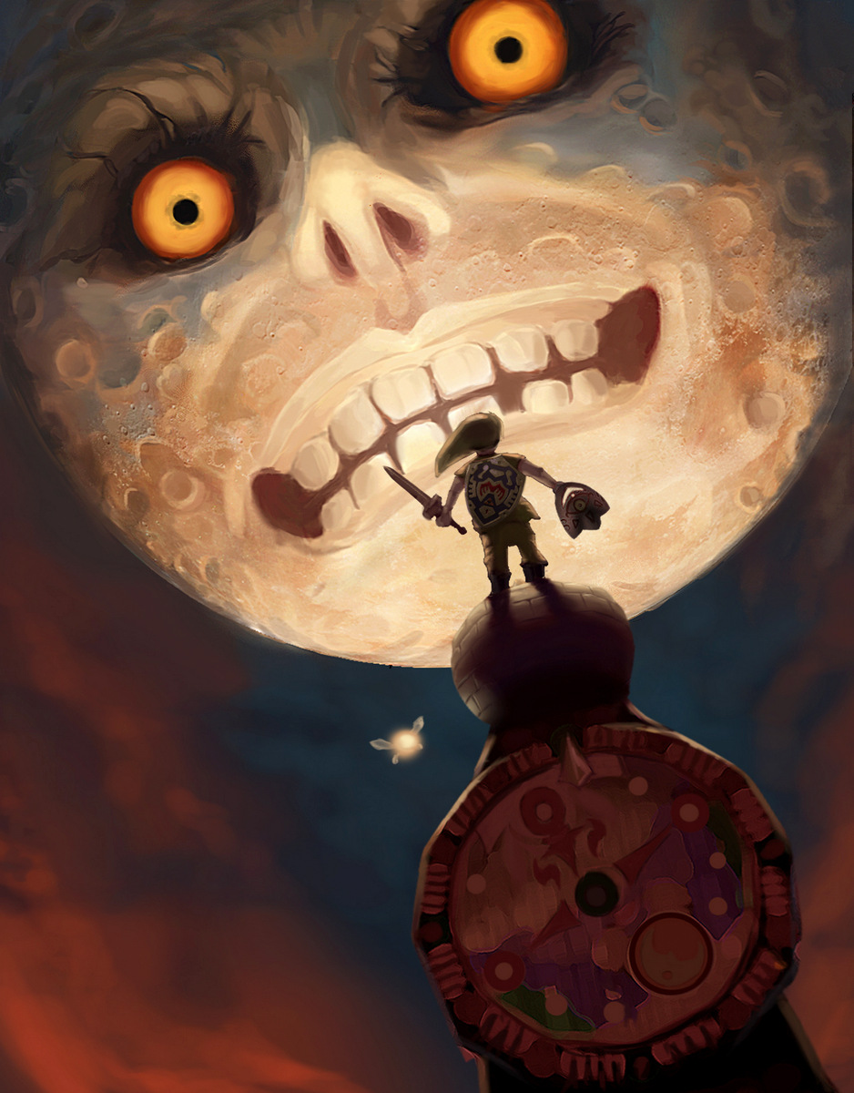 1boy commentary dark english_commentary eye_contact fairy green_hat hat highres holding holding_shield holding_sword holding_weapon horror_(theme) hylian_shield link looking_at_another moon_(zelda) night night_sky nintendo pants shield shoes sky sword tael teeth the_legend_of_zelda the_legend_of_zelda:_majora&#039;s_mask weapon yellow_eyes yinetyang