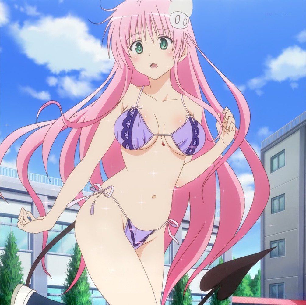 1girl anime_screenshot bikini blush breasts female_focus green_eyes hair_ornament lala_satalin_deviluke legs long_hair nature navel nude_filter outdoors pink_hair plant sky solo swimsuit tail thighs third-party_edit to_love-ru