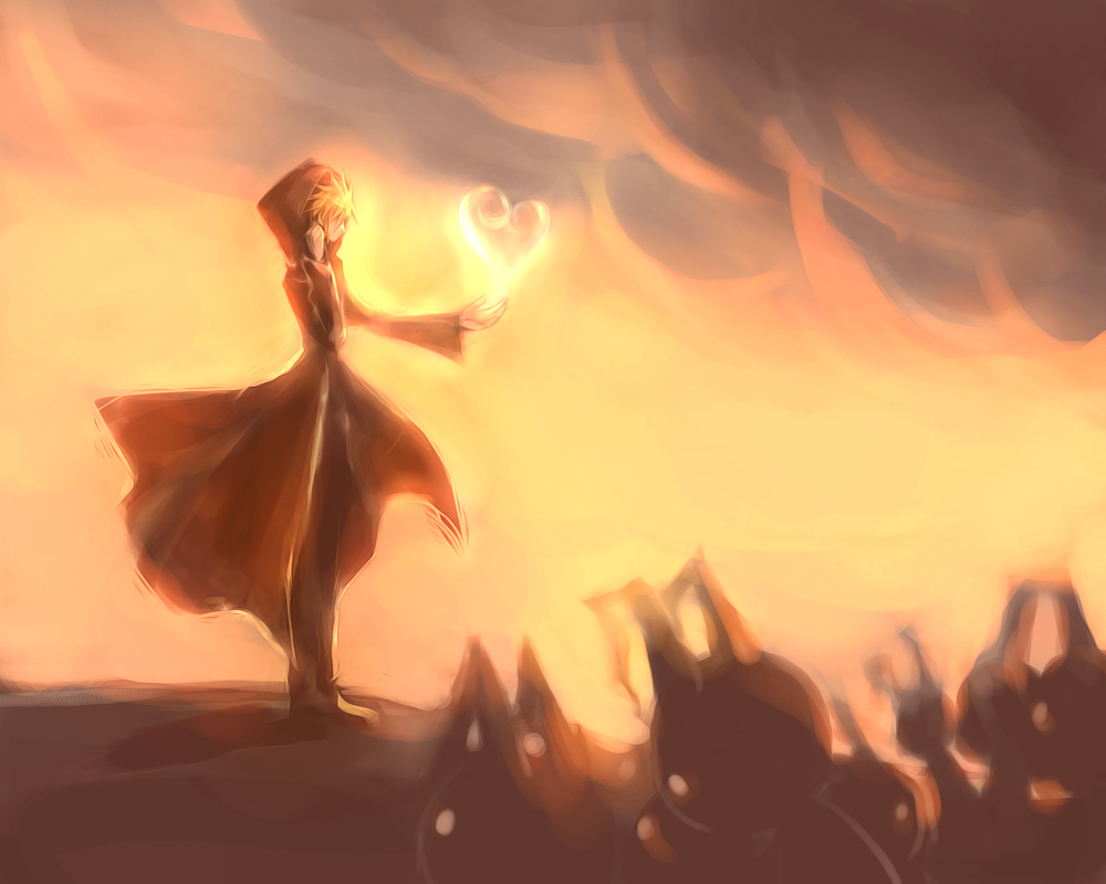 1boy black_coat_(kingdom_hearts) black_pants cloud cloudy_sky commentary english_commentary faceless floating_clothes glowing heart heartless_(kingdom_hearts) hood hood_up illbewaiting kingdom_hearts kingdom_hearts_ii looking_to_the_side male_focus outstretched_arm painterly pants roxas sky standing twilight