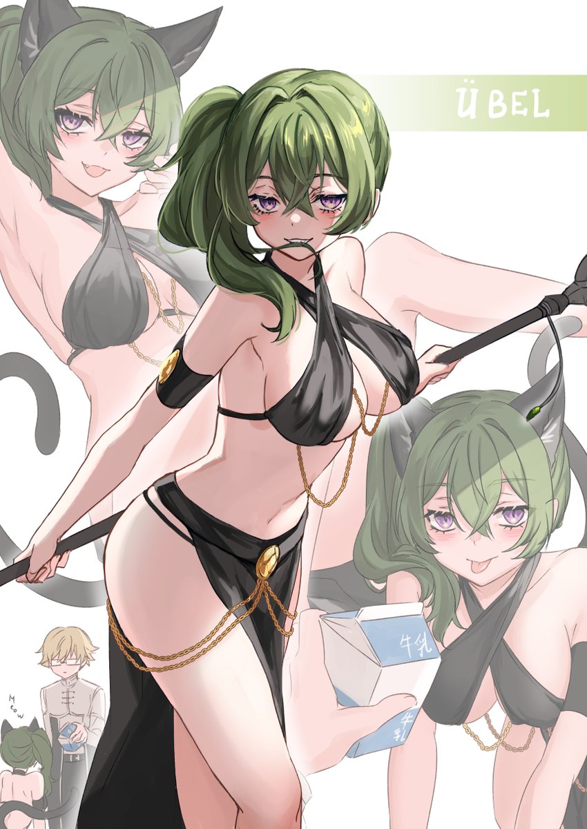 1boy 1girl adapted_costume animal_ears bare_shoulders biting_hair blush breasts cat_ears chain character_name commentary criss-cross_halter crossed_bangs curvy english_commentary feet_out_of_frame green_hair grin hair_between_eyes hair_intakes halterneck highres holding holding_weapon jitome land_(sousou_no_frieren) large_breasts long_hair meme_attire milk multiple_views navel ponytail purple_eyes side_ponytail simple_background sketch smile sousou_no_frieren standing ten-chan_(eternal_s) thighs ubel_(sousou_no_frieren) weapon white_background yomorio_lingerie