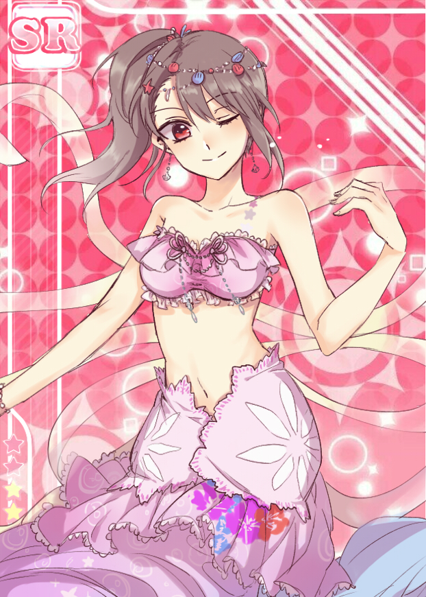 1girl bare_arms bare_shoulders bra breasts card_(medium) card_parody closed_mouth commentary_request floral_print frilled_bra frilled_skirt frills fujishiro_yumi grey_hair hair_ornament love_live! love_live!_school_idol_festival medium_breasts navel one_eye_closed pink_bra pink_skirt red_background red_eyes reims side_ponytail skirt smile solo sparkle star_(symbol) star_hair_ornament underwear