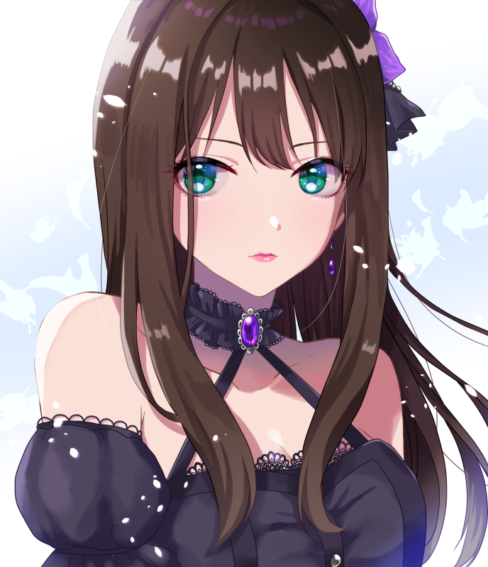 1girl ayaca bare_shoulders black_dress brown_hair dress earrings green_eyes hair_ornament idolmaster idolmaster_cinderella_girls jewelry blue_background lips long_hair looking_at_viewer shibuya_rin simple_background solo upper_body