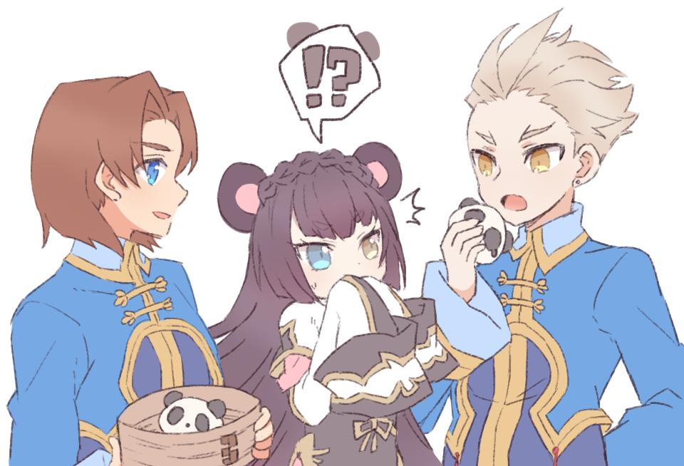 !? 1girl 2boys alvin_granford animal_ears basket black_hair blue_eyes chinese_clothes commentary heterochromia light_brown_hair long_hair long_sleeves mikhail_lancelot multiple_boys panda panda_ears panda_girl panunpa pop-up_story sleeves_past_fingers sleeves_past_wrists smile spoken_interrobang st._feles_gakuen_uniform sweatdrop symbol-only_commentary tao_taoxi tears yellow_eyes