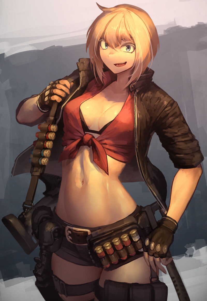 1girl axe belt belt_pouch black_bra black_gloves black_jacket black_shorts blonde_hair blue_eyes bra bra_peek breasts cleavage cowboy_shot fingerless_gloves front-tie_top gloves gun hetza_(hellshock) jacket looking_at_viewer medium_breasts medium_hair midriff navel open_clothes open_jacket open_mouth original pouch red_shirt shirt short_shorts shorts shotgun_shell smile solo underwear weapon zipper