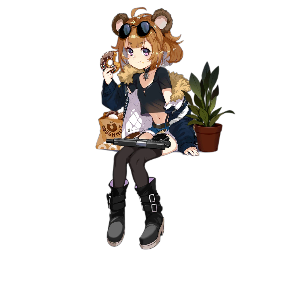 1girl aged_down animal_ears bear_ears bear_girl black_boots black_choker black_shirt black_thighhighs blue_jacket blue_shorts boots breasts brown_hair choker donut eating eyewear_on_head food full_body girls&#039;_frontline grizzly_mkv_(girls&#039;_frontline) grizzly_mkv_(teddy_transform!)_(girls&#039;_frontline) gun handgun jacket l.a.r._manufacturing lar_grizzly_win_mag looking_at_viewer official_alternate_costume official_art pistol plant potted_plant purple_eyes realmbw shirt short_hair shorts sitting small_breasts solo sunglasses thighhighs transparent_background weapon