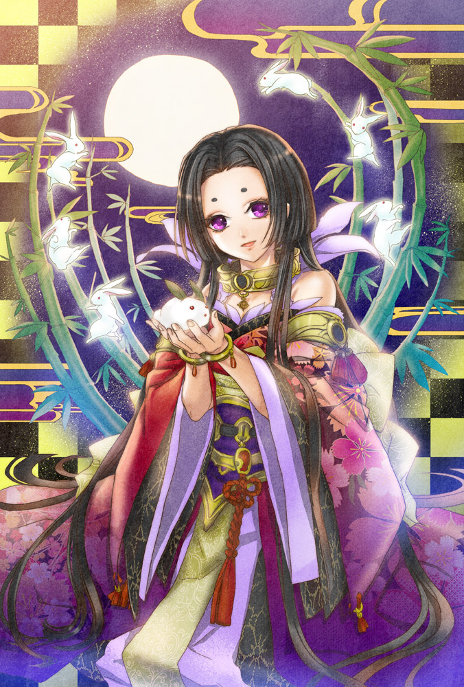 10s 1girl 2011 black_hair character_request egasumi female_focus full_moon japanese_clothes kimono kuroba_(artist) kuroba_k long_hair moon off_shoulder original purple_eyes rabbit solo