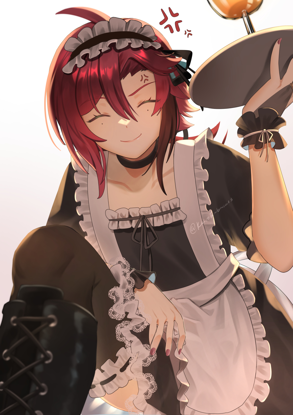 1boy apron black_boots black_dress black_thighhighs boots closed_eyes closed_mouth dress frilled_apron frills genshin_impact green_eyes hair_between_eyes highres holding holding_plate kuro_tsubasa long_hair looking_at_viewer maid maid_apron maid_headdress male_focus mole mole_under_eye multicolored_hair plate puffy_sleeves red_hair shikanoin_heizou smile solo streaked_hair thighhighs waist_apron white_apron white_background