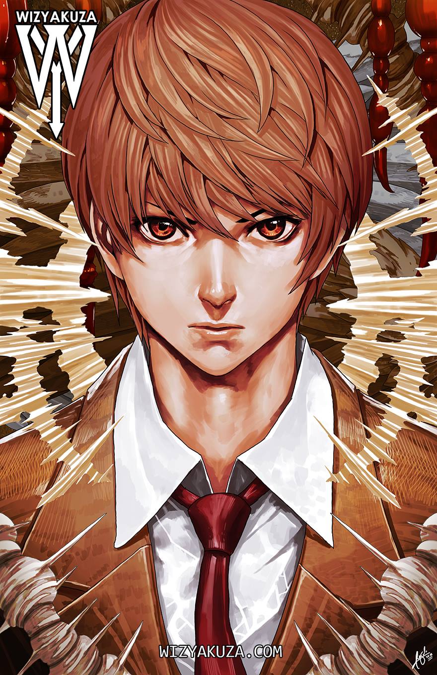 1boy artist_name brown_eyes brown_hair death_note expressionless highres male_focus neck necktie signature solo watermark web_address wizyakuza yagami_light