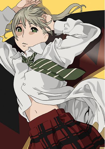 00s 1girl blonde_hair female_focus green_eyes jpeg_artifacts looking_at_viewer lying maka_albarn nakamura_yutaka navel necktie on_back open_clothes plaid_clothes plaid_skirt school_uniform scythe skirt solo soul_eater soul_evans