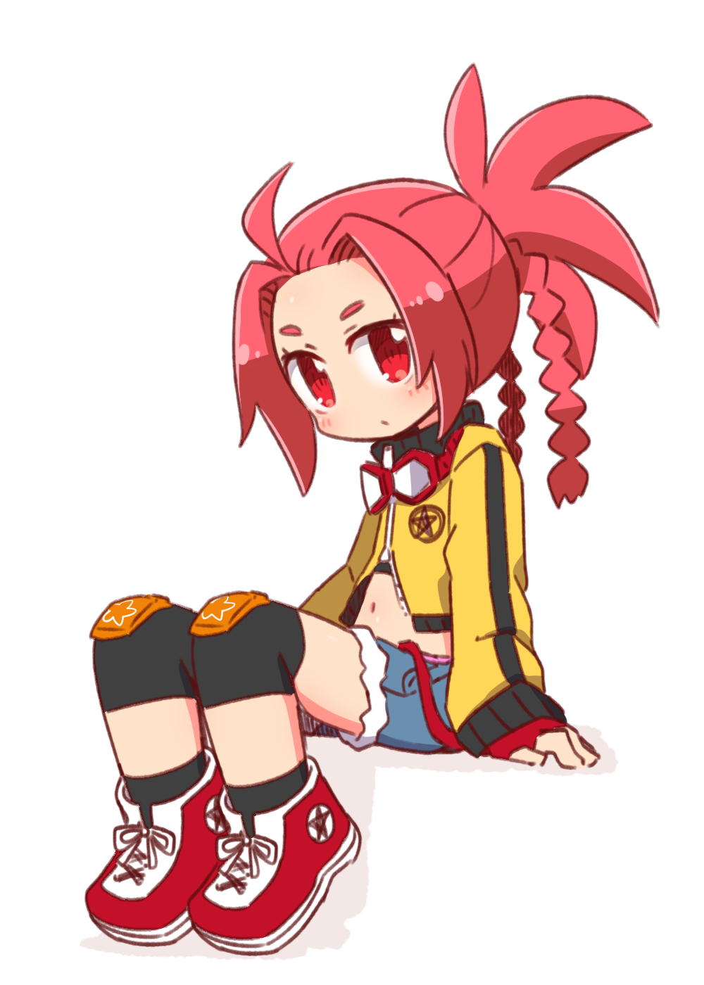 1girl 7th_dragon_(series) 7th_dragon_2020 black_socks blue_shorts blush braid closed_mouth commentary_request cropped_jacket cutoffs destroyer_(7th_dragon_2020) female_focus forehead full_body highres jacket knee_pads long_sleeves looking_at_viewer midriff naga_u navel nishimura_haru_(7th_dragon) parted_bangs ponytail red_eyes red_hair red_shoes shadow shoes short_shorts shorts sitting sleeves_past_wrists socks solo twin_braids white_background yellow_jacket