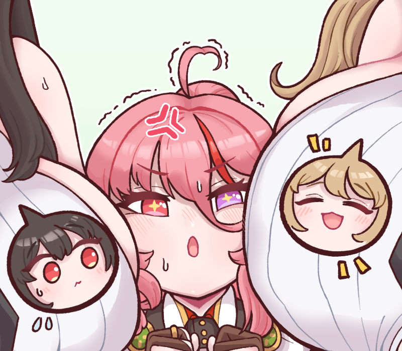 3girls :3 ahoge amphitrite_(last_origin) anger_vein black_hair blonde_hair blush breast_press breasts bulga closed_mouth fingerless_gloves girl_sandwich gloves green_background hair_between_eyes heterochromia huge_breasts last_origin melite_(last_origin) motion_lines multicolored_hair multiple_girls open_mouth out_of_frame pink_eyes pink_hair purple_eyes red_eyes red_hair salacia_(last_origin) sandwiched simple_background spoken_character streaked_hair sweatdrop trembling