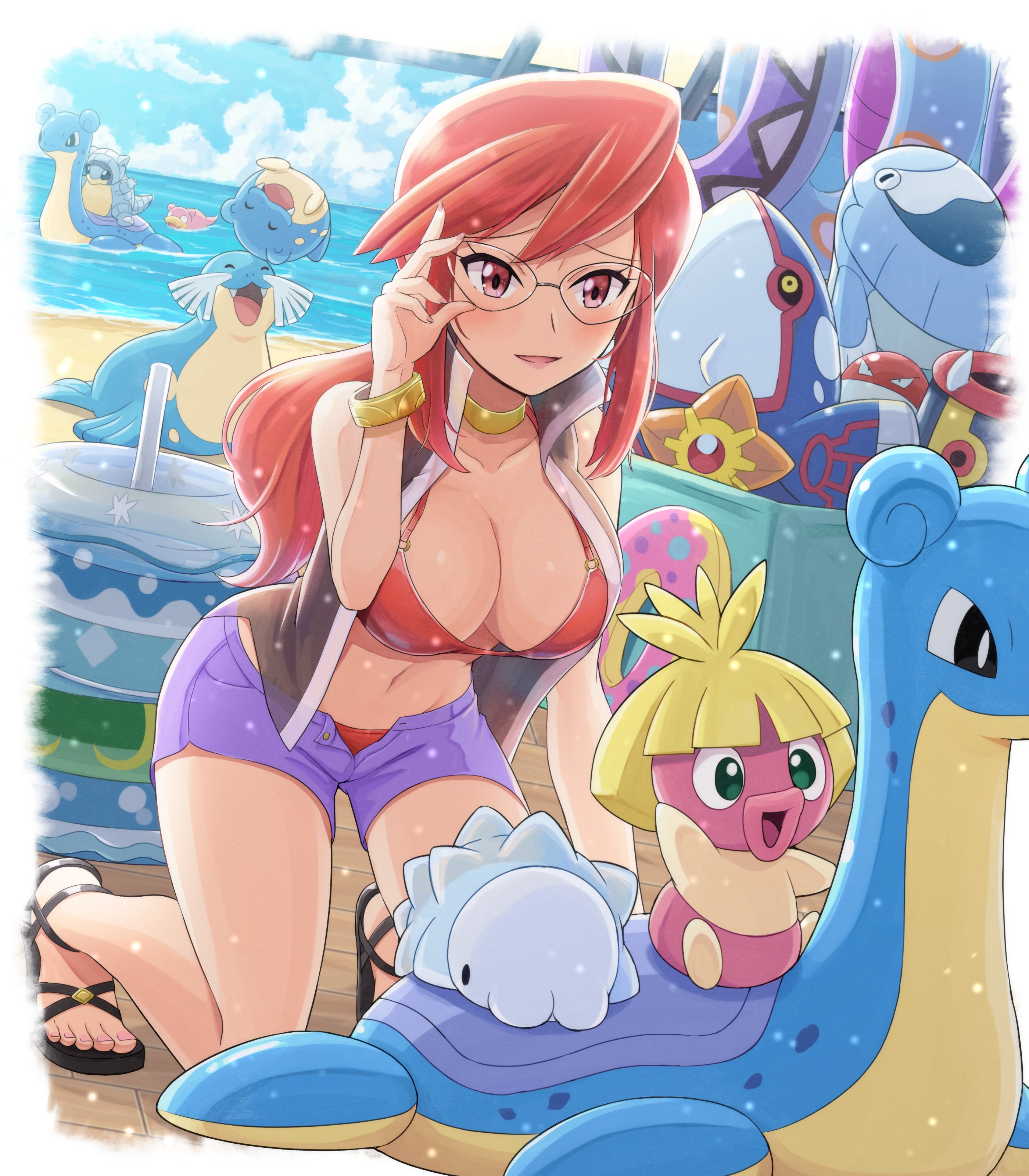 1girl absurdres adapted_costume adjusting_eyewear alolan_form alolan_sandshrew alternate_costume arctovish bare_shoulders beach bikini bikini_under_clothes black_footwear black_shirt blush boardwalk bracelet breasts choker cleavage cloud commentary_request day eelektross elite_four eyelashes gen_1_pokemon gen_2_pokemon gen_3_pokemon gen_5_pokemon gen_7_pokemon gen_8_pokemon glasses hand_up highres innertube jewelry kneeling kyogre lapras large_breasts legendary_pokemon lipstick long_hair looking_at_viewer lorelei_(pokemon) makeup navel nintendo o-ring o-ring_bikini open_clothes open_fly open_mouth open_shirt open_shorts outdoors pokemoa pokemon pokemon_(creature) pokemon_frlg purple_shorts raised_eyebrows red_bikini red_eyes red_hair sand sandals sealeo shirt shore short_shorts shorts sky sleeveless slowpoke smile smoochum snom spheal staryu stuffed_animal stuffed_toy summer swim_ring swimsuit tapu_fini toenails toes unbuttoned vest voltorb water