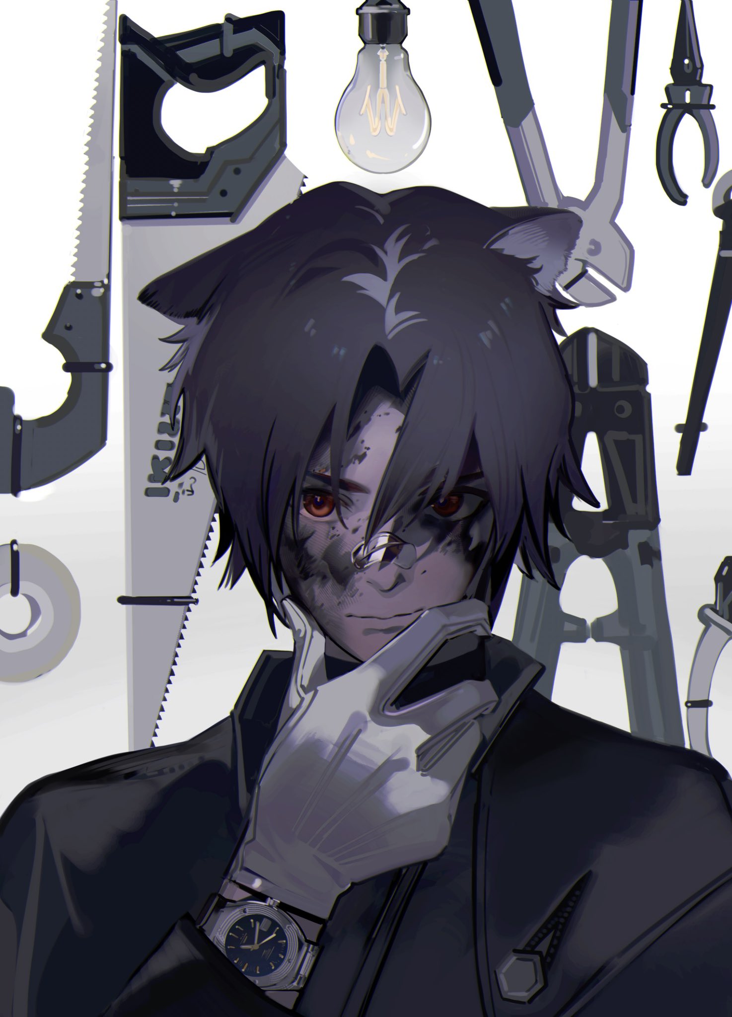 1boy animal_ears arknights bandaid bandaid_on_face bandaid_on_nose black_hair black_shirt closed_mouth dirty dirty_face dog_boy dog_ears gloves hand_on_own_chin hand_up highres light_bulb long_sleeves looking_at_viewer male_focus nineo orange_eyes saw shirt short_hair smile solo stroking_own_chin v-shaped_eyebrows watch white_background white_gloves windflit_(arknights) wire_cutters wristwatch
