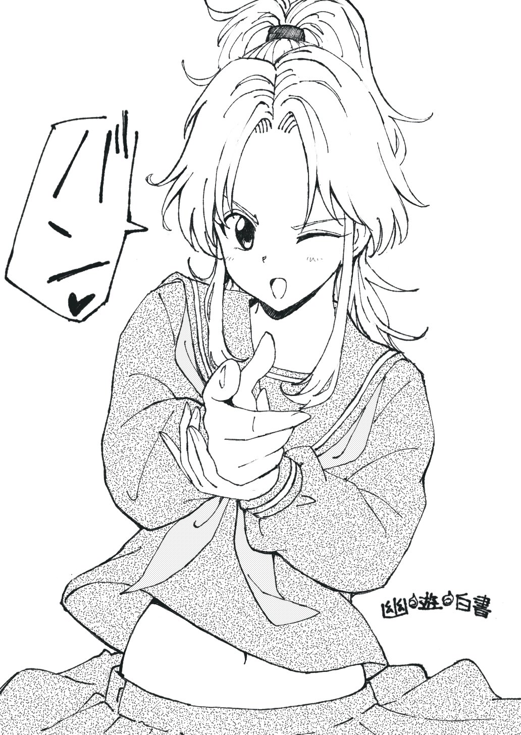 1girl botan_(yu_yu_hakusho) finger_gun greyscale high_ponytail highres kajino_(aosansai) long_hair long_sleeves looking_at_viewer monochrome navel one_eye_closed open_mouth ponytail sailor_collar school_uniform simple_background smile solo speech_bubble white_background yuu_yuu_hakusho