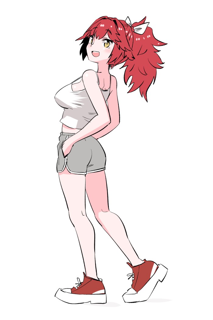 1girl alternate_costume ass breasts casual commentary_request dolphin_shorts from_behind grey_shorts hands_in_pockets kantai_collection long_hair looking_at_viewer medium_breasts phoenix_(kancolle) ponytail red_hair red_shoes shoes shorts simple_background smile sneakers solo tamu_(mad_works) tank_top wavy_hair white_background white_tank_top yellow_eyes