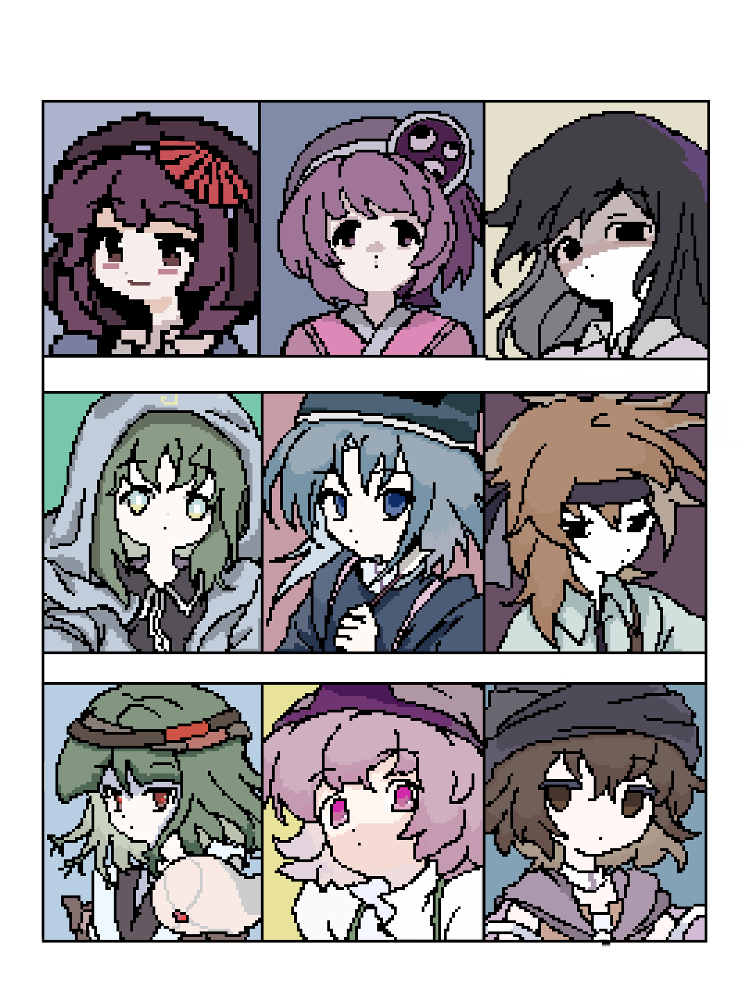 1girl 6+others amanomiya_jun androgynous bandana bare_shoulders black_bandana black_eyes black_hair black_headband black_kimono black_shirt blue_cape blue_eyes blue_hat blue_jacket blue_sleeves blunt_bangs blush_stickers border bright_pupils brooch brown_eyes brown_hair brown_headband brown_sleeves cape choker closed_mouth collared_dress collared_jacket collared_shirt commentary detached_sleeves double-parted_hair dress english_commentary expressionless gradient_eyes green_eyes green_hair green_jacket grey_hairband hair_over_shoulder hairband hand_on_own_chest happy haru_(len&#039;en) hat head_mirror headband highres hood hood_up hooded_jacket jacket japanese_clothes jewelry jitome kariginu kashiwagi_kaoru kimono kurohebi kuzu_suzumi len&#039;en long_hair long_sleeves medium_hair meiweideluobo messy_hair multicolored_eyes multiple_others open_clothes open_jacket orange_jacket other_focus para_(len&#039;en) para_(len&#039;en)_(oni) pink_eyes pink_hair pink_kimono pixel_art purple_cape purple_eyes purple_hair red_eyes shaded_face shion_(len&#039;en) shirt shitodo_aoji short_hair_with_long_locks short_sleeves sidelocks sleeveless sleeveless_kimono smile split_ends straight-on tareme tate_eboshi terumi_(len&#039;en) triangular_headpiece turban two-tone_kimono umbrella_hair_ornament upper_body white_border white_choker white_dress white_hairband white_kimono white_pupils white_shirt