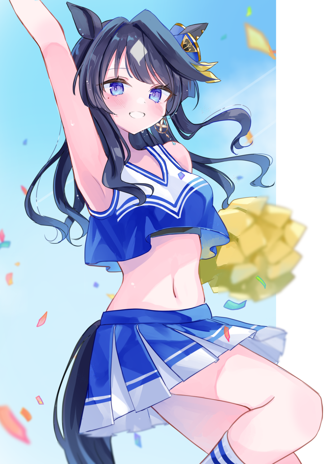 1girl alternate_costume animal_ears armpits blurry blurry_background blush breasts cheerleader commentary_request confetti grin hair_between_eyes hair_ornament highres horse_ears horse_girl long_hair looking_at_viewer medium_breasts moko_(mokochisa) mole mole_under_eye pom_pom_(cheerleading) smile solo umamusume verxina_(umamusume)