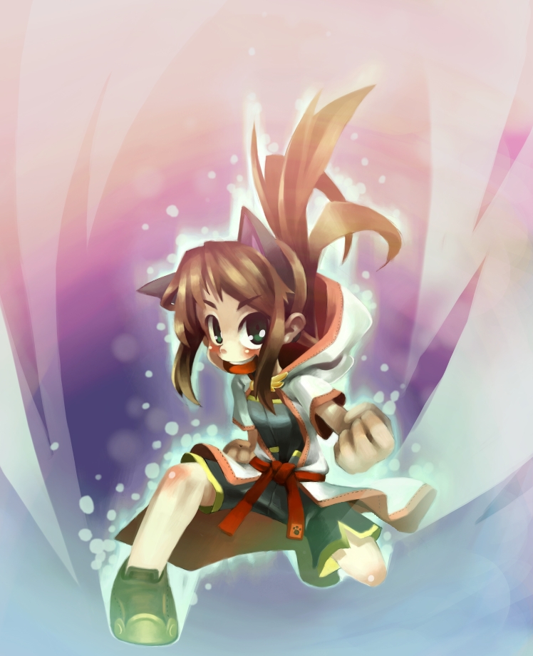 1girl :d animal_ears black_shirt black_shorts brown_hair brown_shoes cat_ears clenched_hand coat commentary_request fake_animal_ears full_body green_eyes hood hood_down hooded_coat long_hair looking_at_viewer low_ponytail monk_(ragnarok_online) on_one_knee open_clothes open_coat open_mouth ponytail purple_background ragnarok_online shirt shoes short_sleeves shorts sidelocks smile solo white_coat yohe