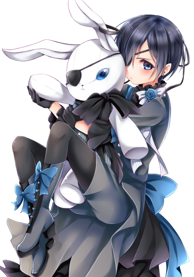 1boy back_bow bishounen black_gloves black_pantyhose black_ribbon blue_boots blue_bow blue_eyes blue_flower blue_hair blue_jacket blue_shorts boots bow chikuwa_savy ciel_phantomhive closed_mouth dark_blue_hair earrings eyepatch flower footwear_bow gloves holding holding_stuffed_toy jacket jewelry kuroshitsuji looking_at_viewer male_focus pantyhose ribbon short_hair shorts simple_background solo stuffed_animal stuffed_rabbit stuffed_toy white_background white_ribbon