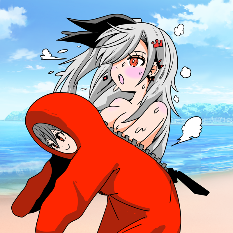 1girl beach bodysuit breasts crown_hair_ornament earclip grey_hair hololive hololive_dev_is holonatsu_paradise isaki_riona long_hair medium_breasts misty_elan ocean red_bodysuit red_eyes steaming_body sweat undressing unzipped virtual_youtuber zipper_pull_tab