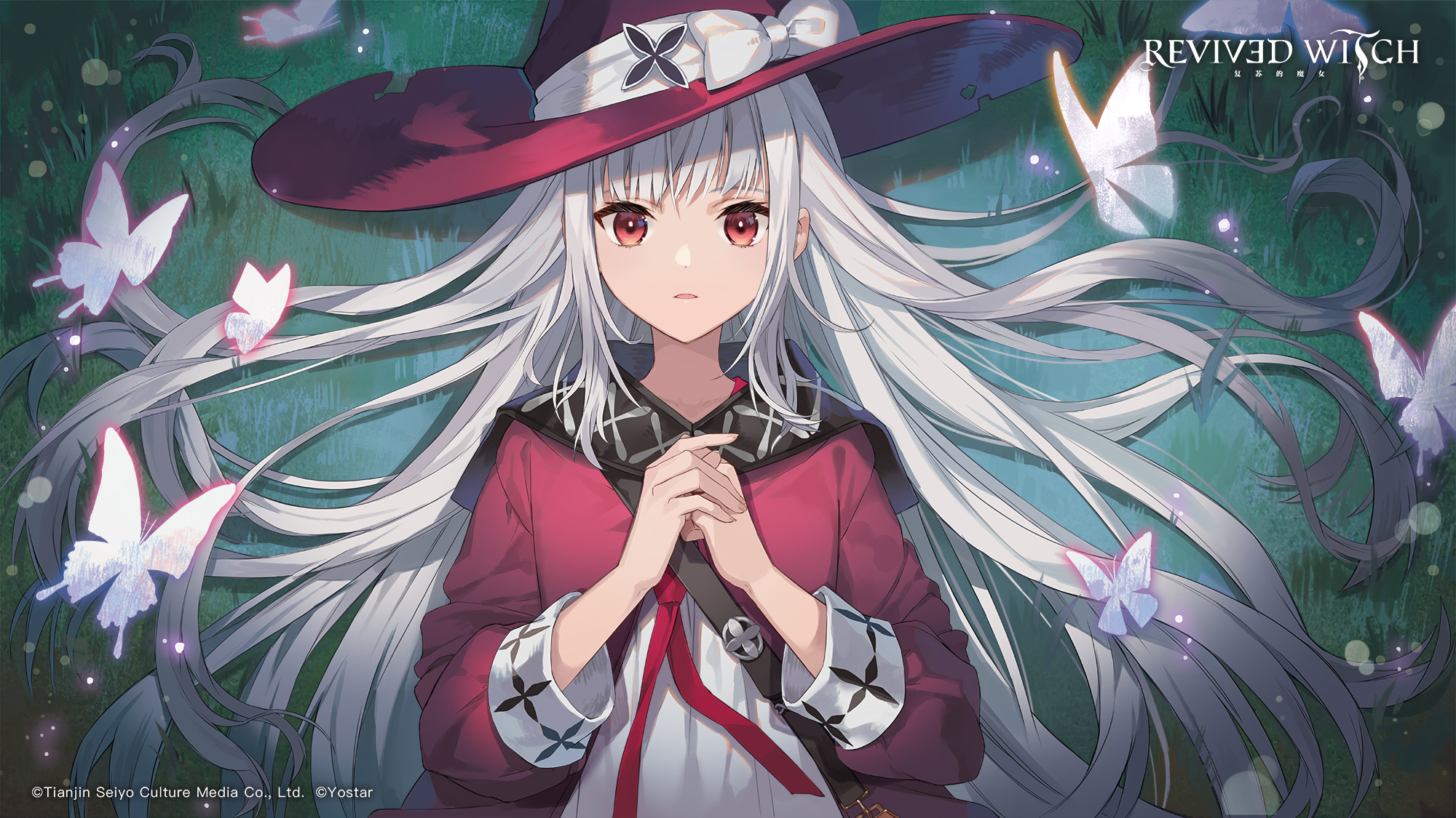 1girl bow bug butterfly coat copyright_name copyright_notice dress eihi hat hat_bow highres insect long_hair long_sleeves looking_at_viewer lying official_art on_back on_grass own_hands_clasped own_hands_together parted_lips red_coat red_eyes red_hat revived_witch upper_body very_long_hair white_bow white_dress white_hair witch witch_(revived_witch) witch_hat