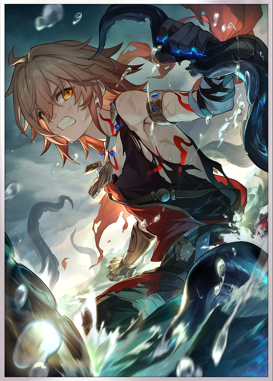 1boy aged_down ahoge arm_tattoo armlet bandaged_arm bandages bare_shoulders belt black_gloves black_pants black_shirt blonde_hair bruise bruise_on_face clenched_teeth cloud cloudy_sky gauntlets gloves gold_armlet gradient_hair hadanugi_dousa highres honkai:_star_rail honkai_(series) injury jewelry looking_to_the_side male_focus medium_hair multicolored_hair mydei_(a_trail_of_bygone_blood)_(honkai:_star_rail) mydei_(honkai:_star_rail) neck_tattoo necklace official_alternate_costume official_art open_kimono orange_hair pants partially_submerged red_shirt shirt short_hair single_gauntlet single_glove sky solo tattoo teeth tentacles third-party_source water_drop yellow_eyes