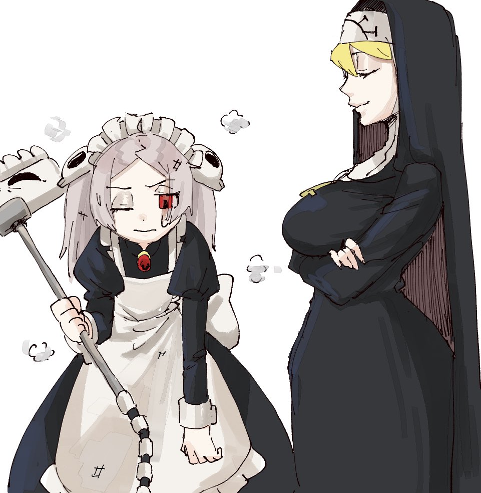 2girls blonde_hair bloody_marie_(skullgirls) breasts brooch cowboy_shot cross cross_necklace crossed_arms double_(skullgirls) dust_cloud from_side frown grey_hair hair_ornament jewelry large_breasts looking_at_another maid_headdress multiple_girls necklace nun one_eye_closed red_eyes shimoya_k skull_hair_ornament skullgirls slouching smile twintails vacuum_cleaner white_background