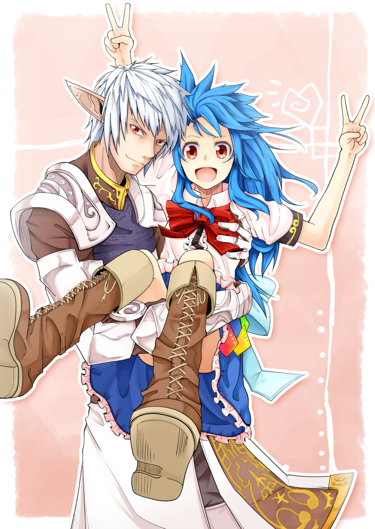 00s 1boy 1girl armor bad_id bad_pixiv_id blue_hair boots buront carrying double_v elf elvaan final_fantasy final_fantasy_xi gauntlets groping hinanawi_tenshi lace-up_boots long_hair messy_hair no_headwear open_mouth pandora-ex pointy_ears princess_carry red_eyes silver_hair skirt smile the_iron_of_yin_and_yang touhou v